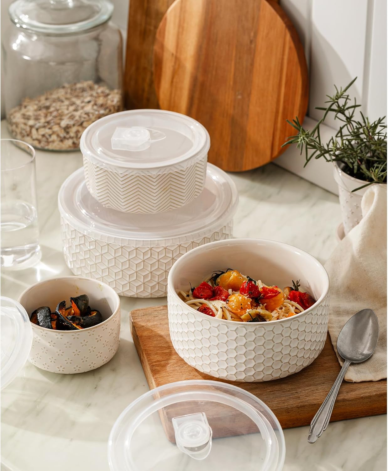Mixing Bowls with Lids Set of 4, Ceramic Nesting Bowls, Embossed Mixing Bowl Set for Food Storage, Prep Bowl, Gift, Microwave and Dishwasher Safe, 10/18/33/50 OZ, Off-White