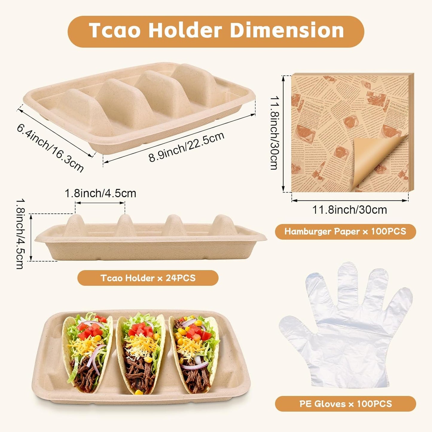 Disposable Taco Holders 24 Pack, Paper Taco Trays for Taco Bar, Includes 100 Grease-Resistant Liners & 100 Serving Gloves
