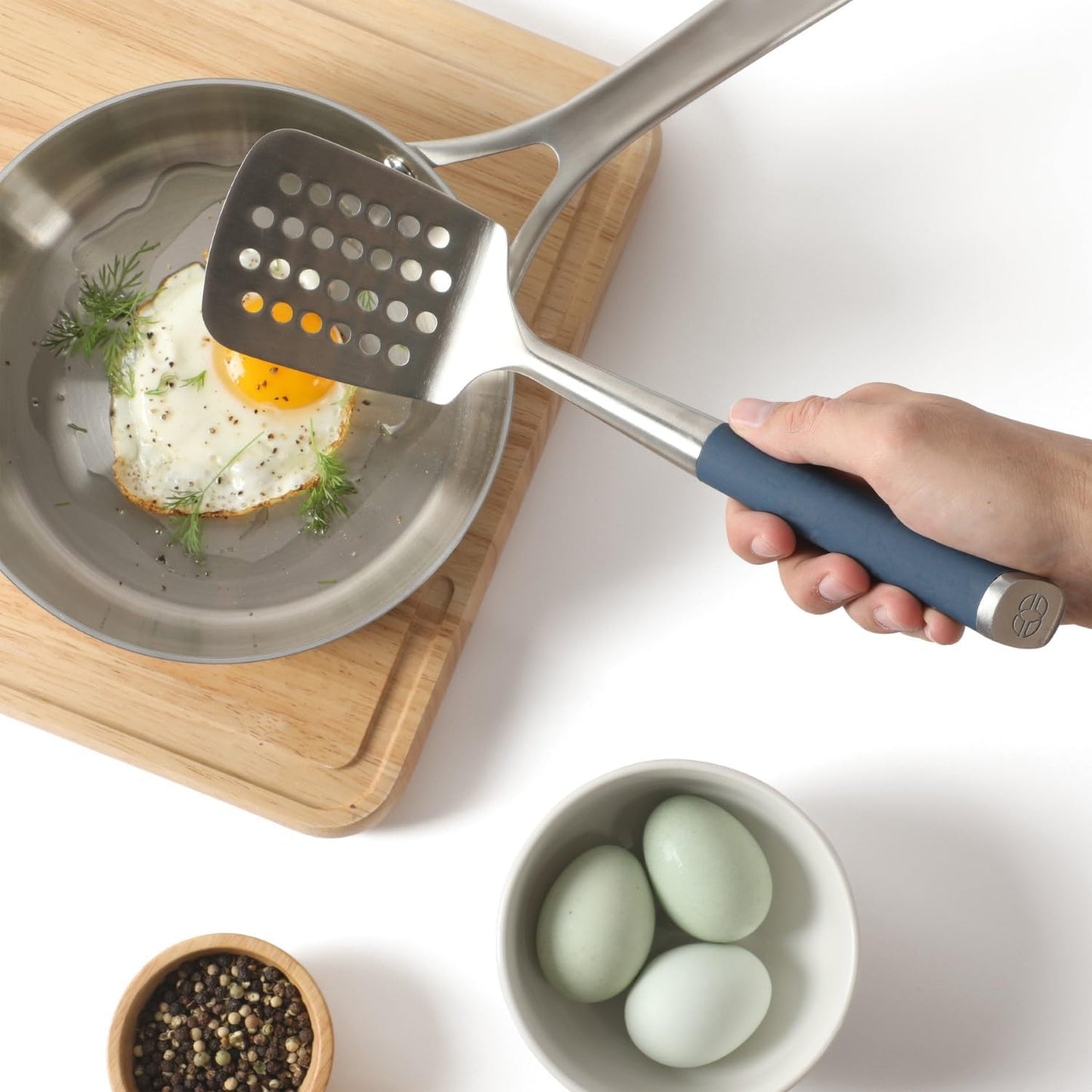 Calphalon Slotted Turner, Kitchen Flipping Spatula, Slotted Spatula, Stainless Steel Turner with Silicone Heat Resistance Handle, Nonstick-Safe Spatula for Draining and Flipping (Navy)