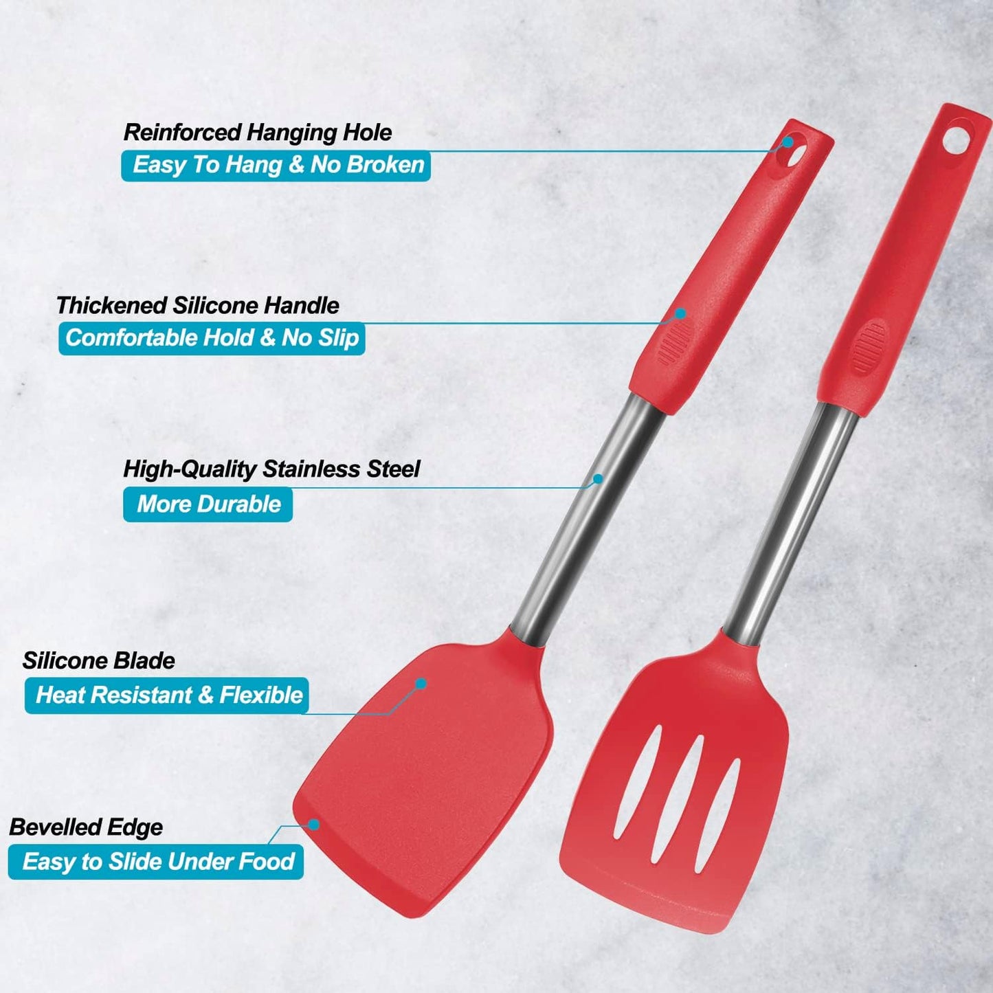 2 Pack Spatulas, Solid & Slotted Silicone Spatula Set, Stainless Steel Handle Coated with Silicone, Non Stick Turners, Heat Resistant Rubber Spatulas for Fish, Eggs, Pancakes, WOK, Black