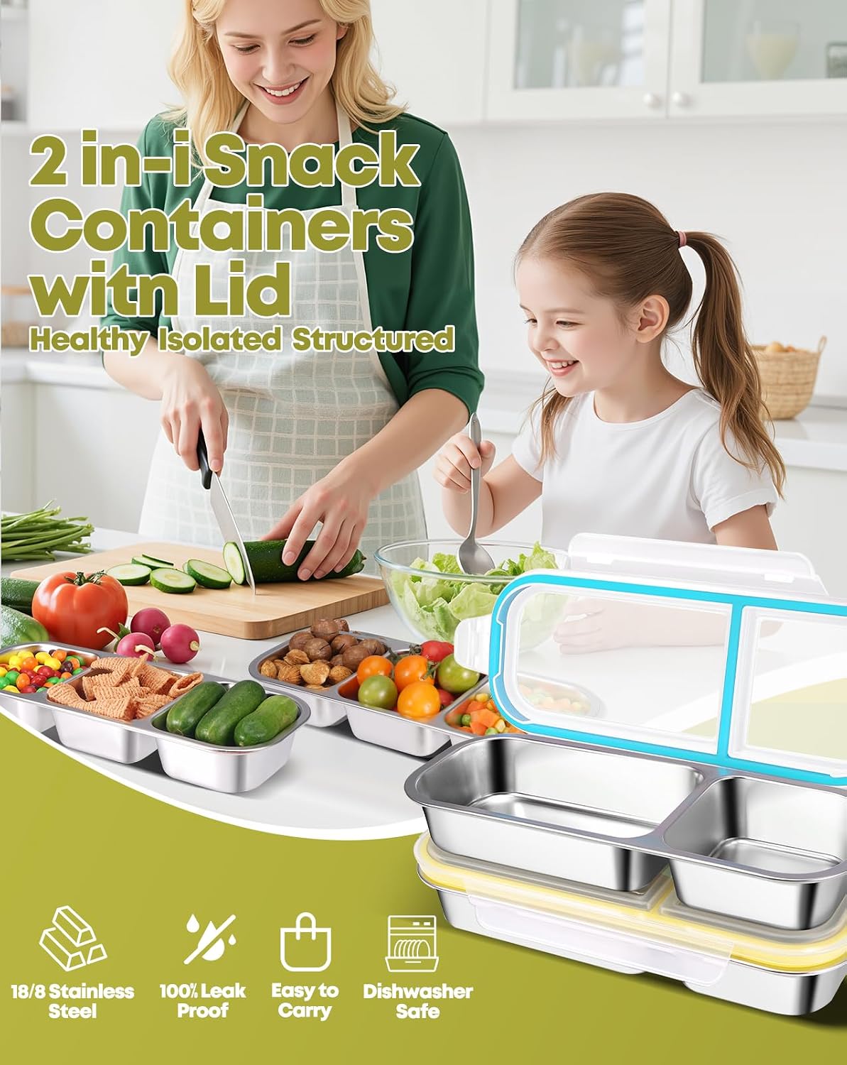 2Pack Stainless Steel Snack Containers for Kids Adults, Reusable 3 Compartment Snackle Box Container with Leakproof Lids Metal Bento Lunch Boxs Food Storage Containers for Travel Picnics Office School