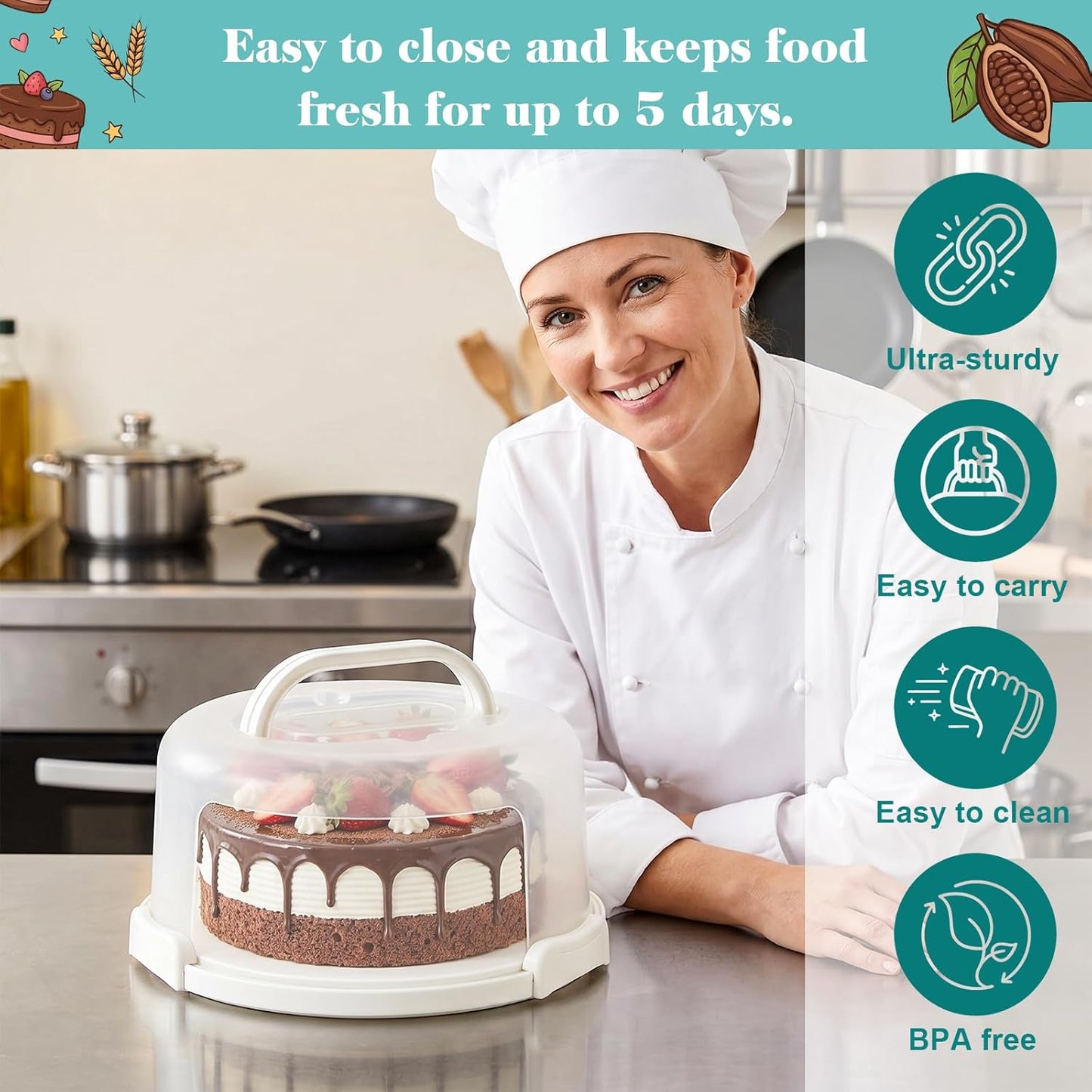 Yesland Cake Carrier with Collapsible Handle - White Cake Container and Holder with Lid - Portable Plastic Round Cake Cover for 10 inch Cake, Pies, Cookies, Nuts, Muffins, Cupcakes and Fruit