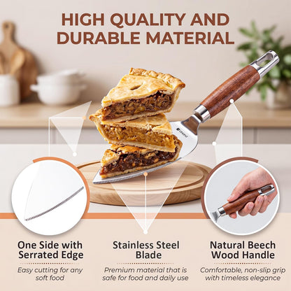 Stainless Steel Serrated Pie Server Spatula – 1 PCS Wooden Non-Slip Easy Grip Cake Cutter and Server, Left & Right Handed Dessert Serving Tool with Hanging Hole for Pies, Pizza, Lasagna, Wedding Cakes