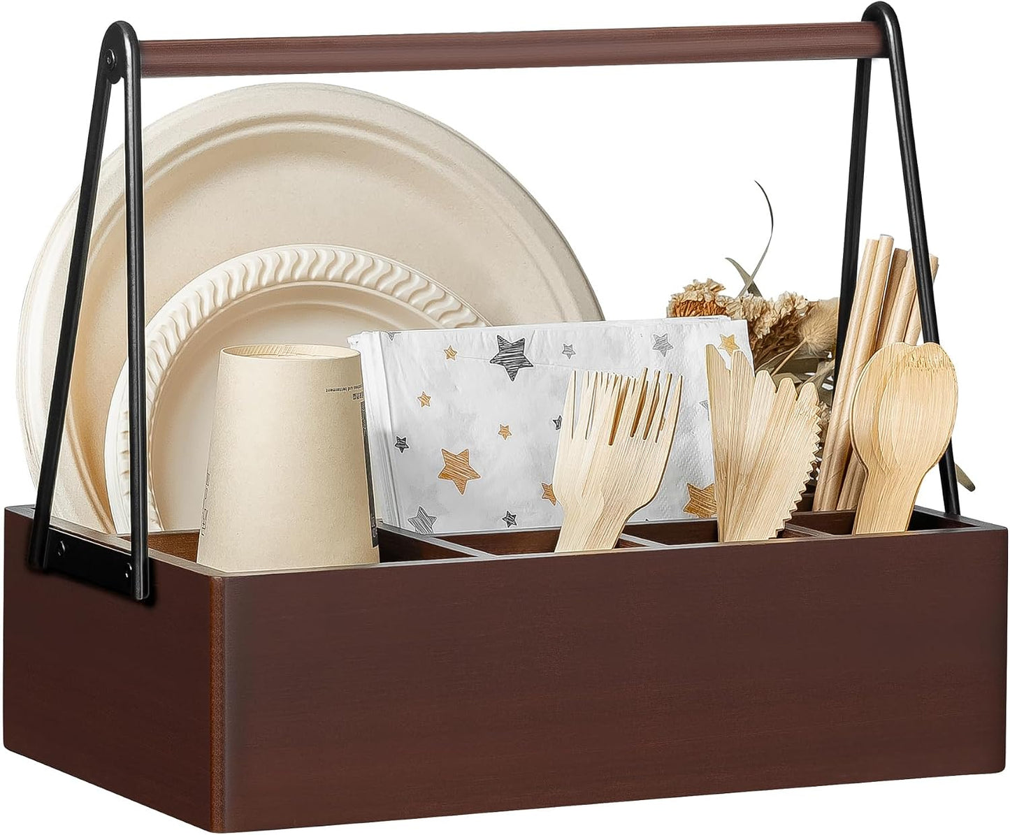 PTSTING Silverware Caddy Wood Utensil Holder Paper Plate Dispenser Silverware Utensil Caddy Cutlery Flatware Organizer Box for Spoons Forks Plates Napkins