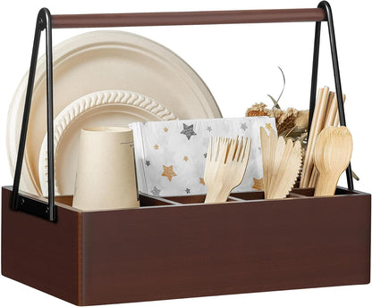 PTSTING Silverware Caddy Wood Utensil Holder Paper Plate Dispenser Silverware Utensil Caddy Cutlery Flatware Organizer Box for Spoons Forks Plates Napkins