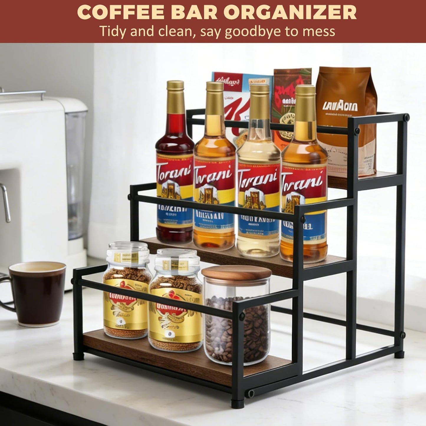 Countertop Liquor Bottle Organizer Shelf, 3-Tier | Rustic Display Rack, For Wine & Coffee Syrups, Freestanding Bar and Kitchen Storage, Easy-Carry Handles