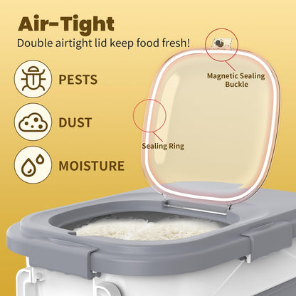 HOYTAMDA 28-40Lbs Rice Container,Collapsible Airtight Food Storage Containers with Wheels,Handle,Rice Storage Container with Small Bin and Scoop,Rice Dispenser for Flour Sugar Cereal Grain Dog Cat