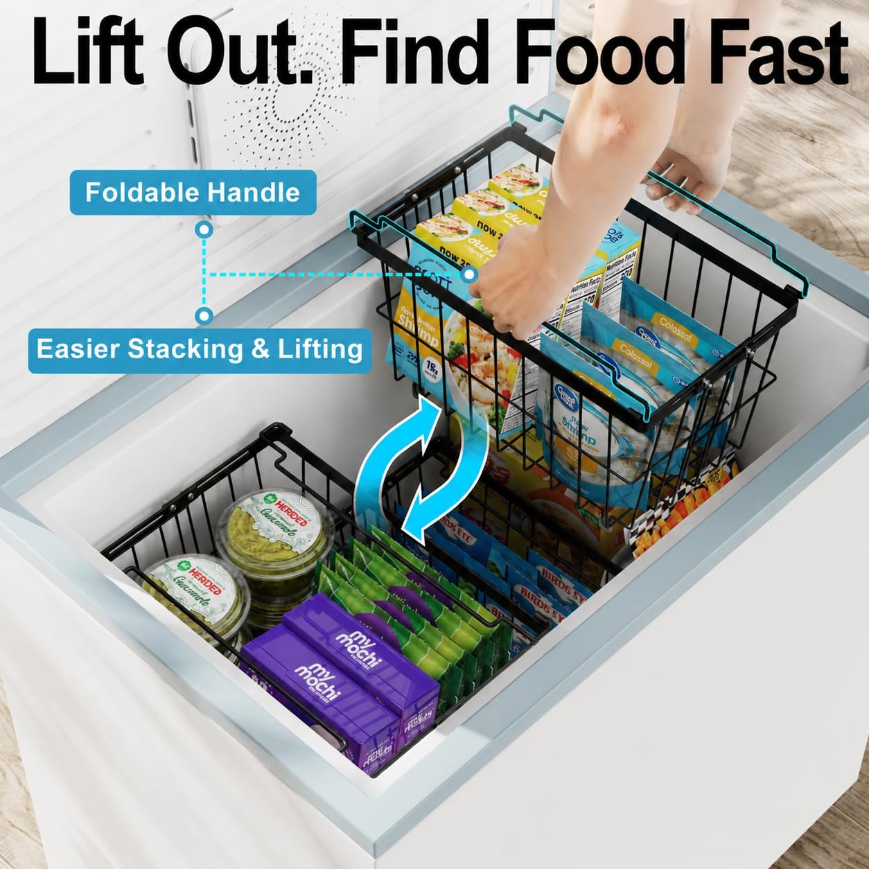 iSPECLE Chest Freezer Organizer - Adjustable Width & Extra Depth, 3 Pack | For 5-7 Cu Ft Chest Freezers, Stackable Large Freezer Organizer Bins, Easy Food Access & Organization, No Wasted Space, White