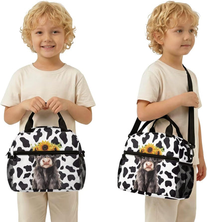 Highland Cow Backpack with Lunch Box Set for Kids Sunflower School Backpack for Girls Boys Back to School Bag Student Travel Backpacks Reusable Utensils Pen Case Water Bottle Bag 5PCS