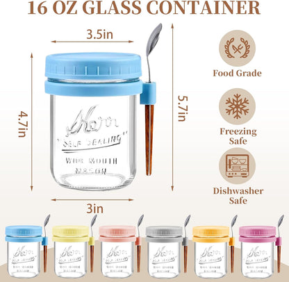 6 Pack Overnight Oats Containers with Lids and Spoons - 16 Oz Glass Mason Jars for Overnight Oats Airtight Jars Leak Proof Oatmeal Container Meal Prep Jar for Yogurt,Milk,Cereal,Fuirt,Salad
