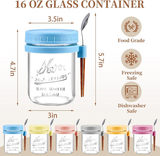 6 Pack Overnight Oats Containers with Lids and Spoons - 16 Oz Glass Mason Jars for Overnight Oats Airtight Jars Leak Proof Oatmeal Container Meal Prep Jar for Yogurt,Milk,Cereal,Fuirt,Salad