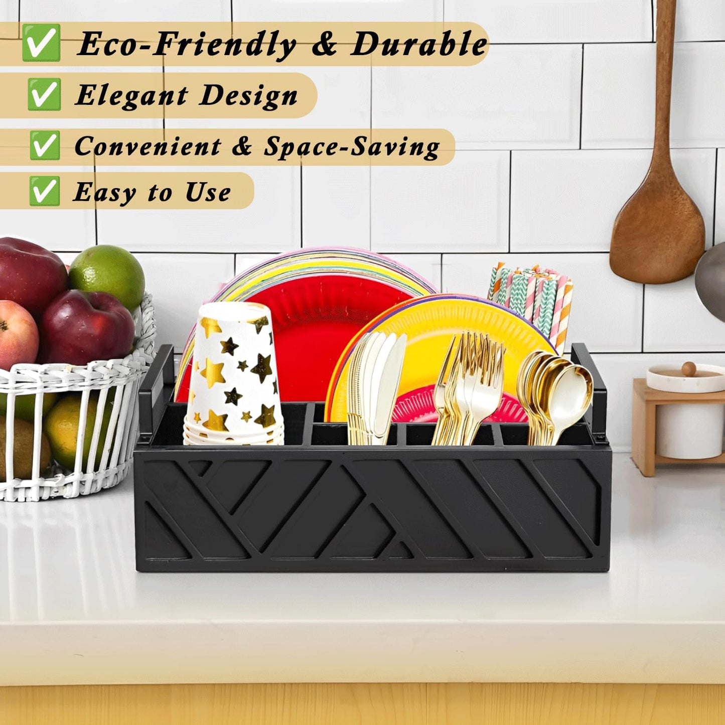 Paper Plate Dispenser with Utensil Caddy, Rustic Wooden 6-Compartment Flatware Organizer for Kitchen Counter, Picnic & Parties (Black)