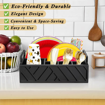 Paper Plate Dispenser with Utensil Caddy, Rustic Wooden 6-Compartment Flatware Organizer for Kitchen Counter, Picnic & Parties (Black)