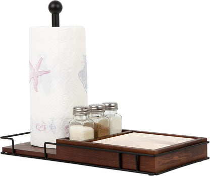Rustic Brown Wooden Kitchen Countertop Paper Towel Roll Holder Spice Jar Rack Shakers Vintage Brass Metal Design Napkin Dispenser Dining Table Caddy Organizer Condiments Home Outdoor Picnic
