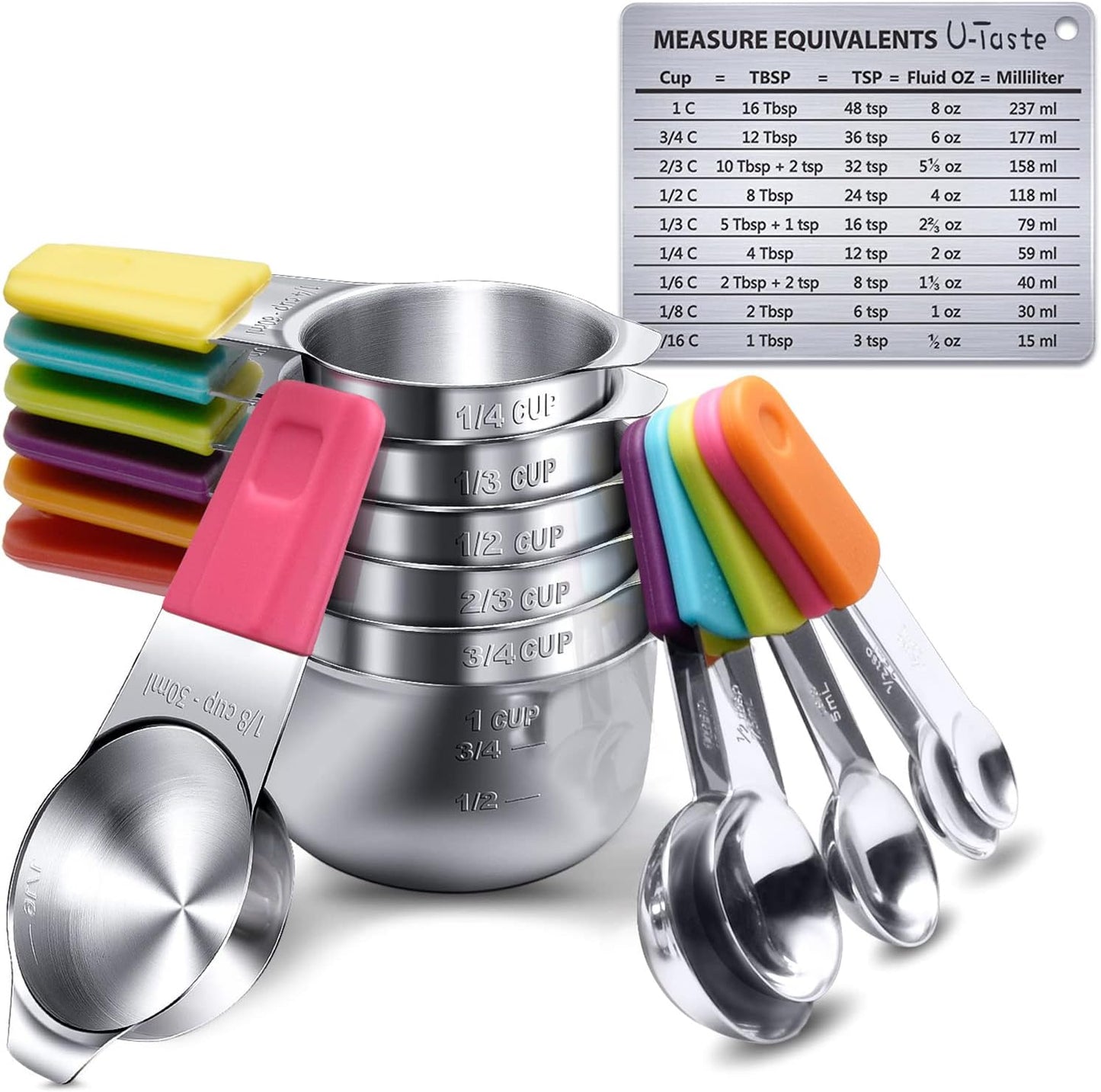 Measuring Cups, U-Taste Magnetic Measuring Cups and Spoons Set of 13 in 18/8 Stainless Steel: 7 Measuring Cups and 5 Measuring Spoons with 1 Professional Magnetic Measurement Conversion Chart