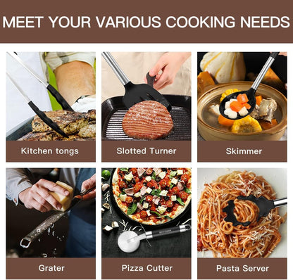 Kitchen Utensils Set-Silicone Cooking Utensils-33pcs Non-Stick Silicone Cooking Kitchen Utensils Spatula Set with Holder-Best Kitchen Cookware with Stainless Steel Handle (Khaki)