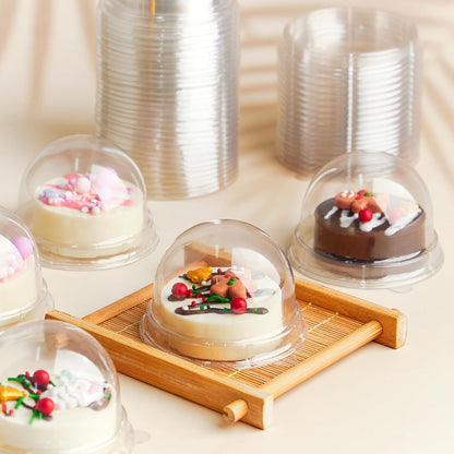 Zezzxu 50 Pack Mini Cake Containers, Clear Plastic Small Cupcake Boxes with Dome Lids for Individual Chocolate Covered Cookies, Strawberry, Mooncake (Gold)