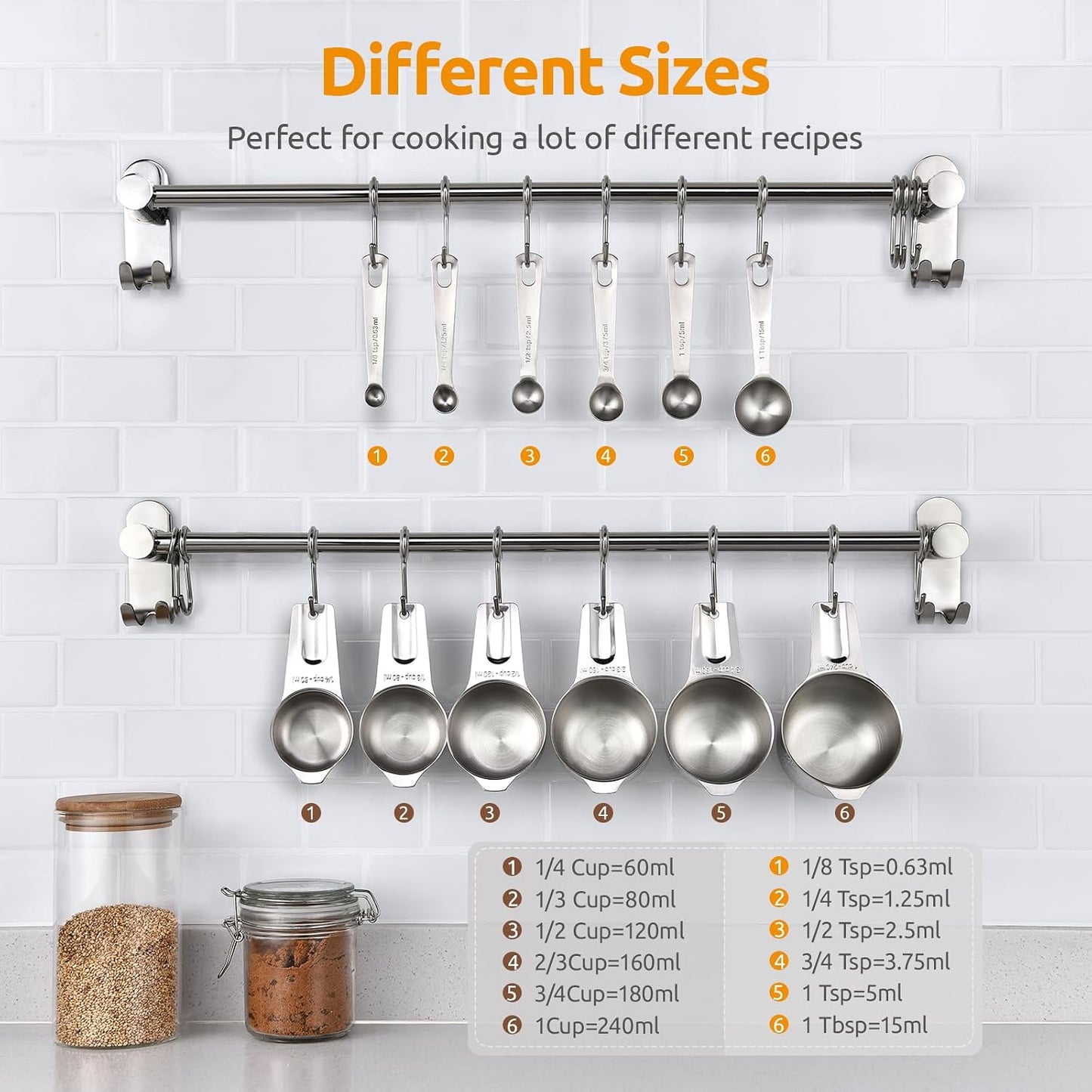 Measuring Cups, U-Taste Magnetic Measuring Cups and Spoons Set of 13 in 18/8 Stainless Steel: 7 Measuring Cups and 5 Measuring Spoons with 1 Professional Magnetic Measurement Conversion Chart