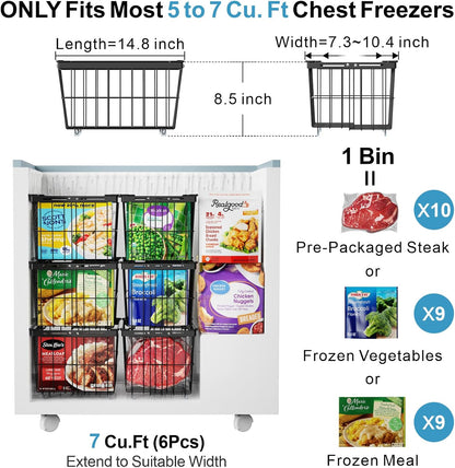 iSPECLE Chest Freezer Organizer - Adjustable Width & Extra Depth, 3 Pack | For 5-7 Cu Ft Chest Freezers, Stackable Large Freezer Organizer Bins, Easy Food Access & Organization, No Wasted Space, White