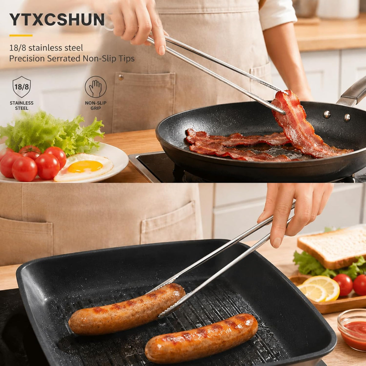 Tongs for Cooking, Long Kitchen Tweezers Set of 3, 18/8 Stainless Steel KitchenTongs with Precision Serrated Non-Slip Tips, Lightweight Durable Tweezer for Frying, Plating & BBQ(9.5"+11.5"+13.5")