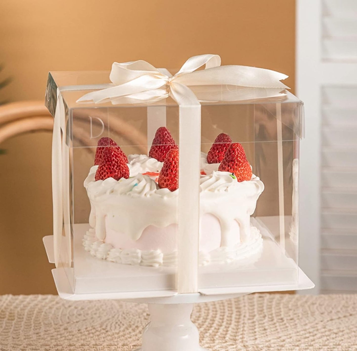 XININSUN 2Pcs Large Cake PET Clear Box, 10" X 10" X 9" with ribbon and pre-folded lid, for 8" cake packing carry, baking cookie display, Carry Tall Layer Gift, Festive Gift Box -White
