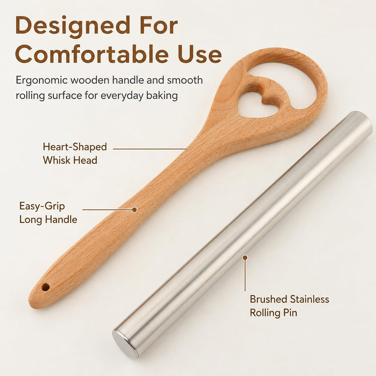 13 Inch Danish Dough Whisk, Wooden Dough Mixer for Sourdough Bread, Batter & Pizza Dough, Kitchen Hand Mixing Tool, Includes Stainless Steel Rolling Pin (Heart Style)