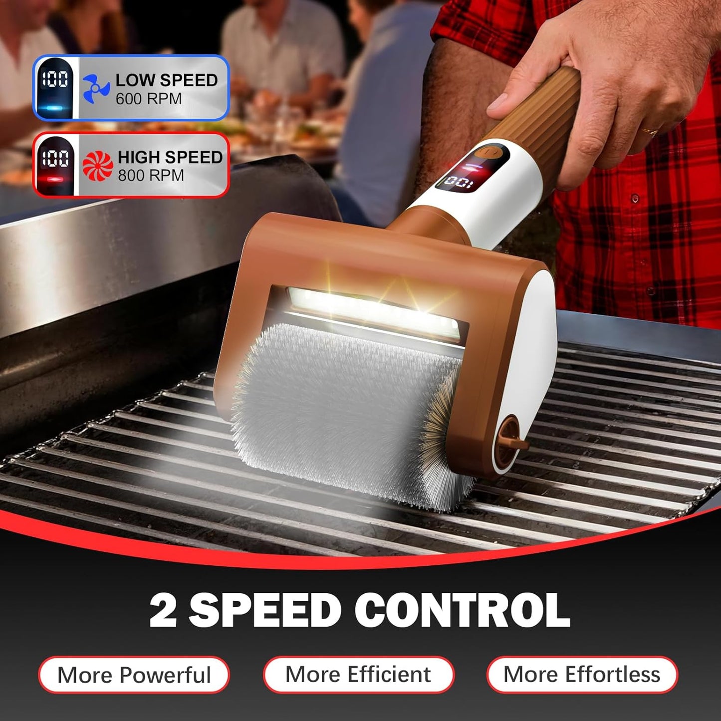 Electric Grill Brush, 2-Speed BBQ Grill Brush with LED Light/Screen Powerful Cleaning 800RPM/4000mAh/2 Brush Heads No Bristle Shedding Rechargeable Lightweight Grill Cleaner for Outdoor/Camping