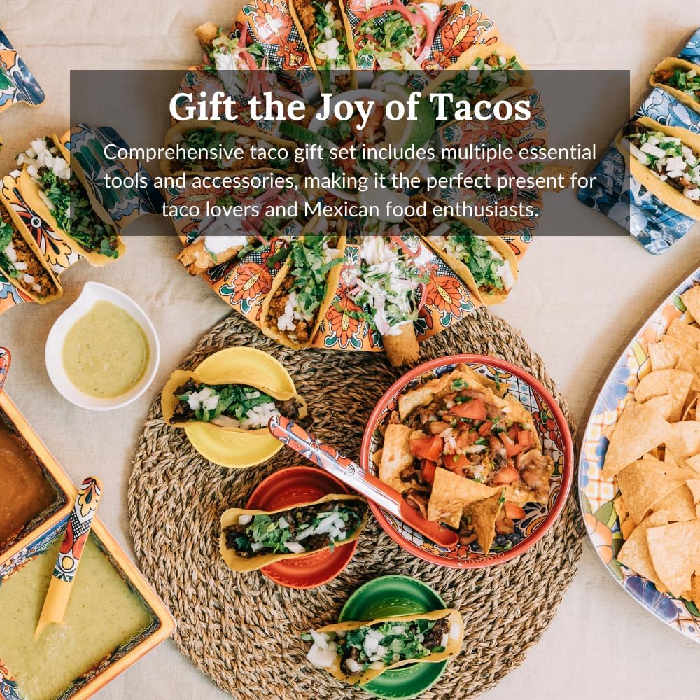 Prepara Taco Gift Set, Talavera - Taco Fiesta Talavera Pattern Serving Set for Taco Tuesday Night Parties, 6-Inch Party Bowl, 4 Taco Spoons for Easy Scooping, 4 Reversible Taco Holders
