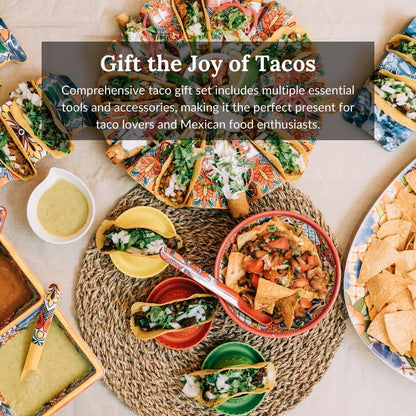 Prepara Taco Gift Set, Talavera - Taco Fiesta Talavera Pattern Serving Set for Taco Tuesday Night Parties, 6-Inch Party Bowl, 4 Taco Spoons for Easy Scooping, 4 Reversible Taco Holders