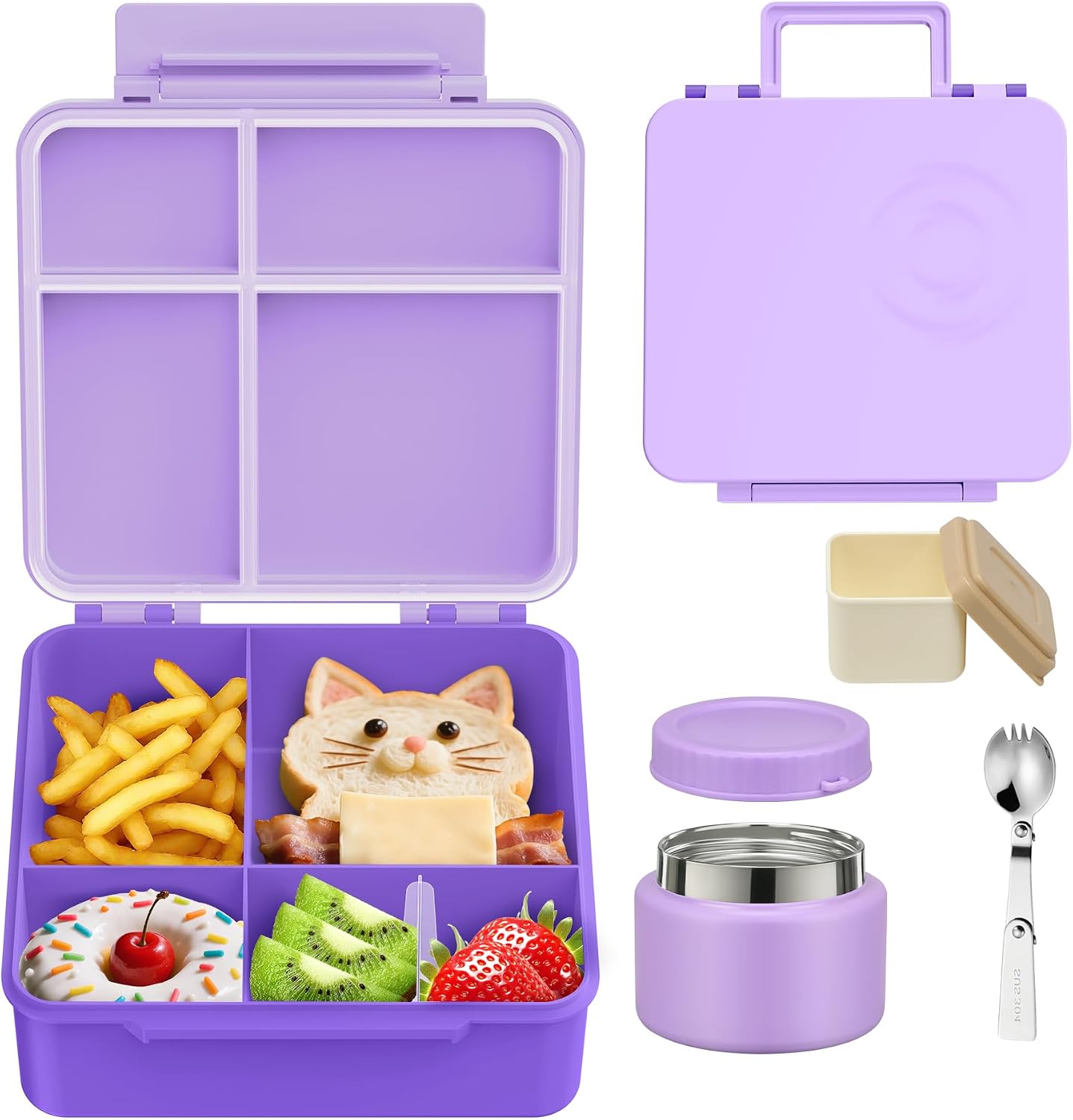 Lunch Box Kids with 5 Compartments, Insulated Food Jar & Utensils, Leak Proof Bento Box with Sauce Container, BPA-Free & Dishwasher Safe, Dinosaur Design(Purple)
