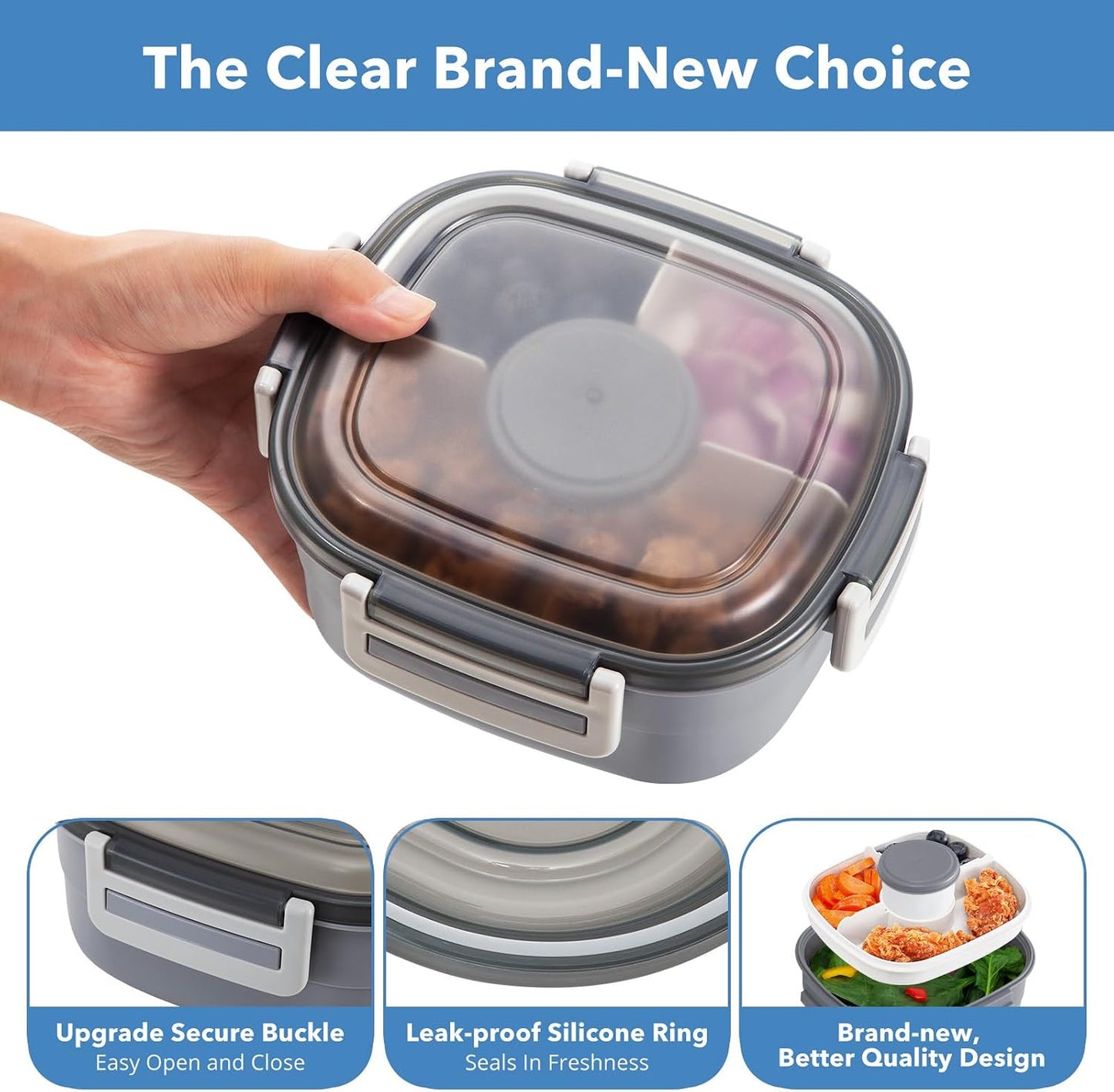 Salad Container for Lunch - 55 oz Salad Bowl with 4-Compartment Bento-Style Tray, 3 oz Sauce Box, Reusable Spork & BPA-Free, Lunch Box for Meal Prep & Food Storage(Gray)