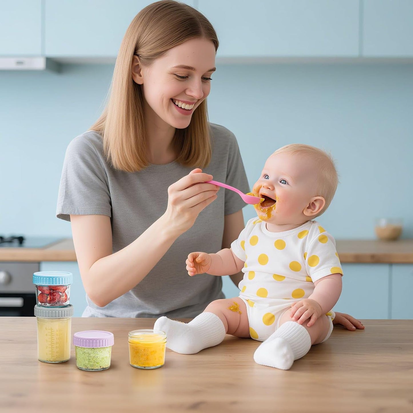 DRKIO 6 Pack Glass Baby Food Storage Containers - 4 Oz Baby Food Jars with Lids Baby Food Maker Microwave Dishwasher Freezer Safe 100% Leak Proof BPA Free Reusable