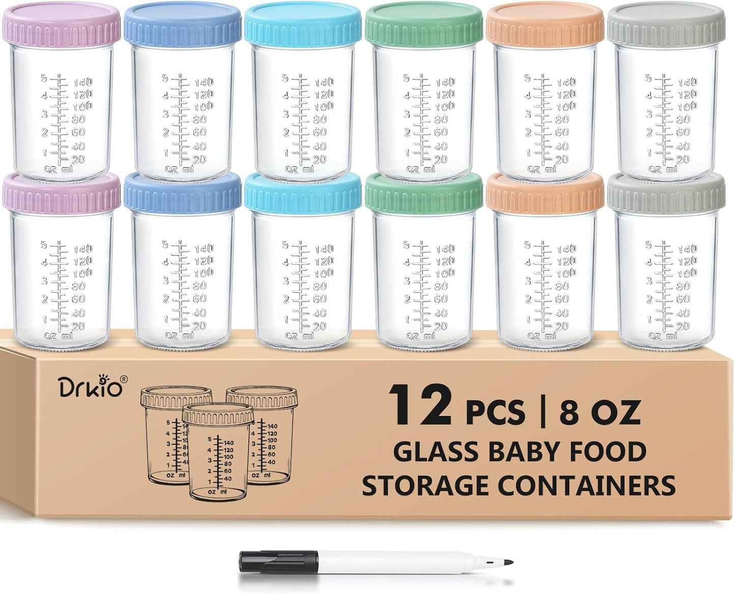DRKIO 12 Pack Glass Baby Food Storage Containers - 4 Oz Baby Food Jars with Lids Baby Food Maker Microwave Dishwasher Freezer Safe 100% Leak Proof BPA Free Reusable
