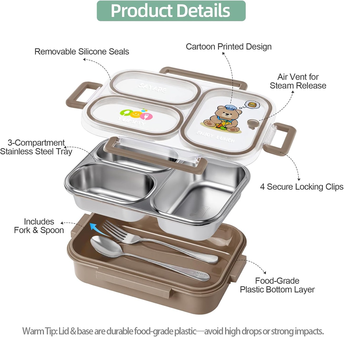 SAYAPE Stainless Steel Bento Lunch Box for Kids, 26.4 oz Leak-Proof 3-Compartment Metal Bento Box, BPA-Free, Cute Cartoon Meal Prep Snack Container with Utensils for School, Office, Travel - Beige