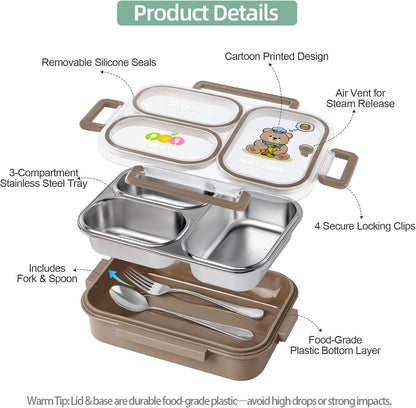 SAYAPE Stainless Steel Bento Lunch Box for Kids, 26.4 oz Leak-Proof 3-Compartment Metal Bento Box, BPA-Free, Cute Cartoon Meal Prep Snack Container with Utensils for School, Office, Travel - Beige