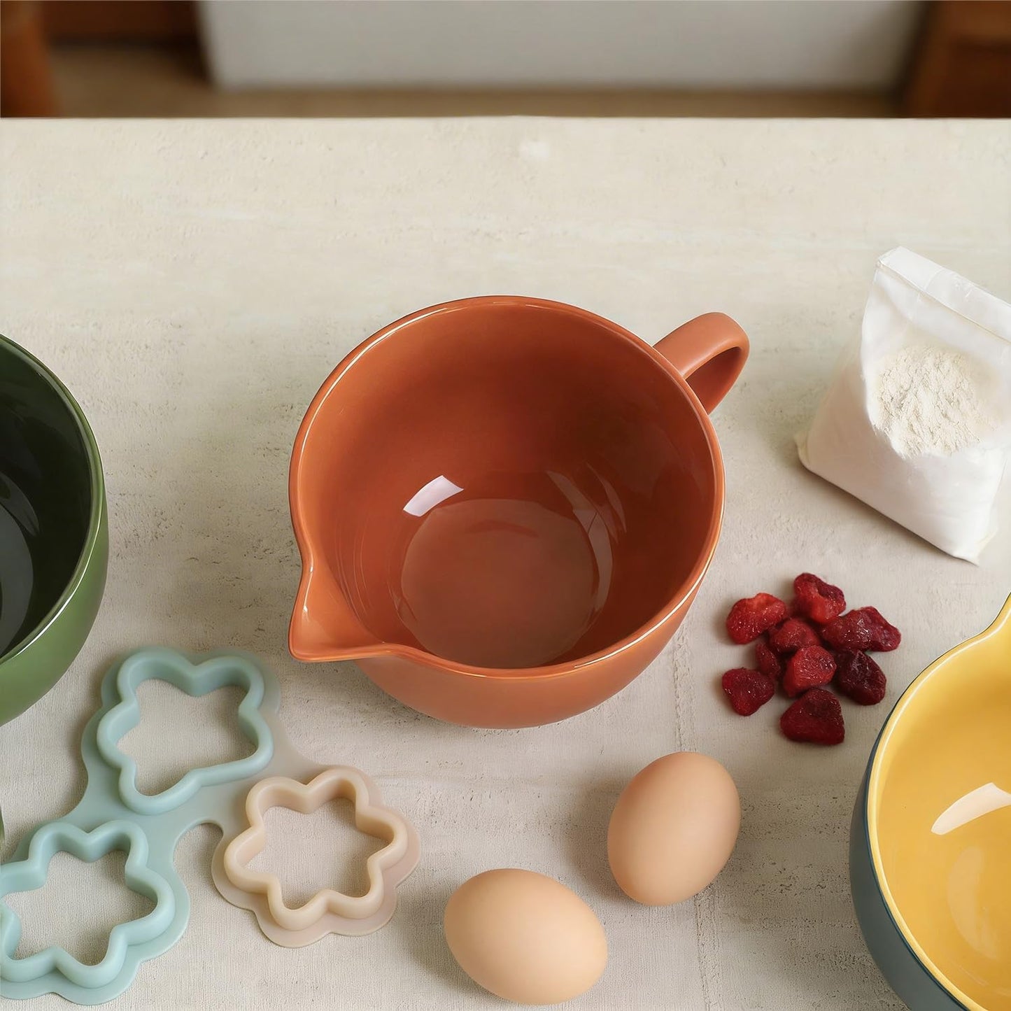 Gaolinci Simple Solid Color Kitchen Ceramic Mixing Bowl, 1 Quart Large Bowl, with Pouring Spout and Handle