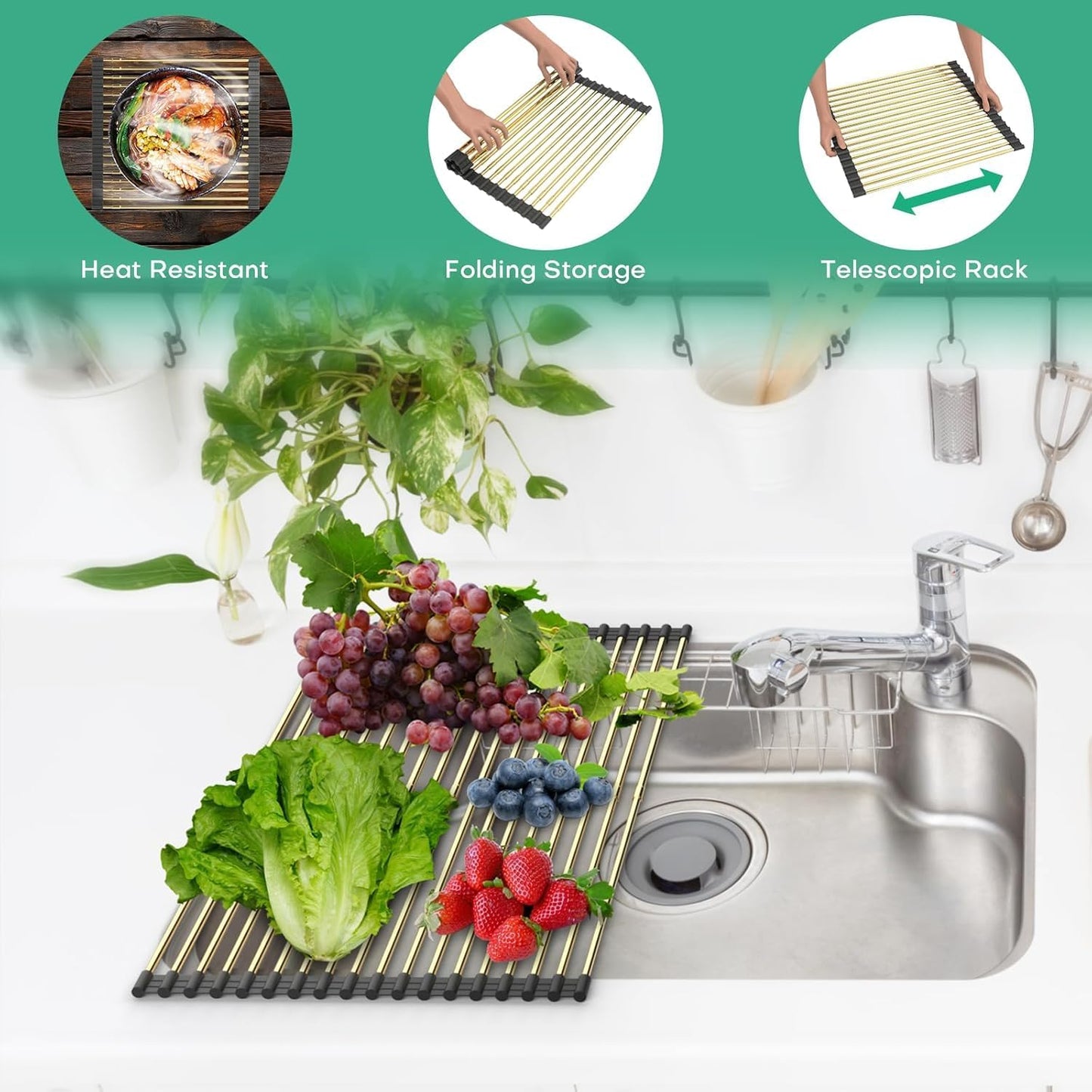 Expandable Roll Up Dish Drying Rack Over The Sink Rack, Foldable Dish Drainer Rack Stainless Steel for Large Sink, Silicone Rollable Collapsible Rack 18 Tube for Kitchen(Sliver,12.8'' to 21.25”)