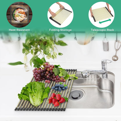 Expandable Roll Up Dish Drying Rack Over The Sink Rack, Foldable Dish Drainer Rack Stainless Steel for Large Sink, Silicone Rollable Collapsible Rack 18 Tube for Kitchen(Sliver,12.8'' to 21.25”)