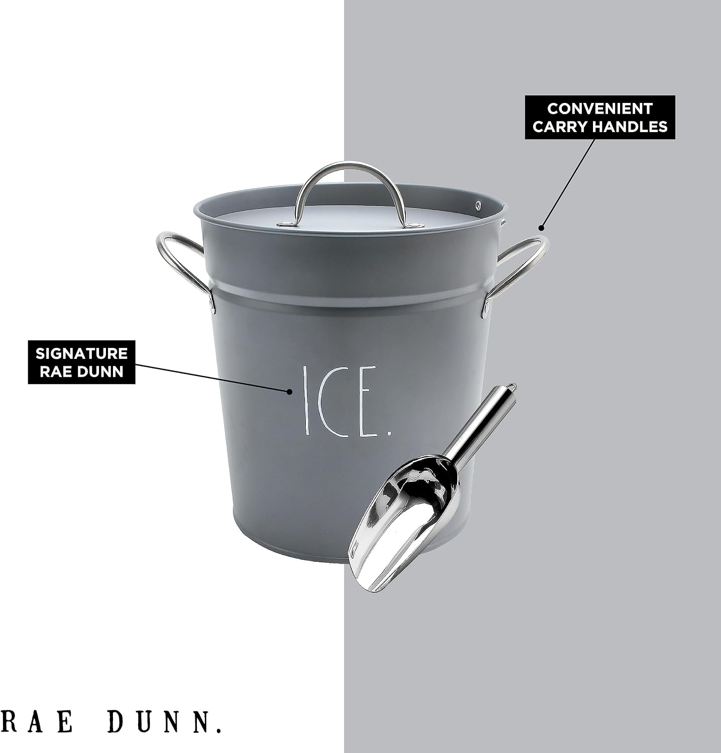 Rae Dunn Ice Bucket with Scoop - Stainless Steel Bucket with Handle, Lid and Ice Scooper - 4 Qt. Storage Bin for Ice Cubes for Bars, Parties, Backyard Barbeques, Picnics, and Camping (Black)
