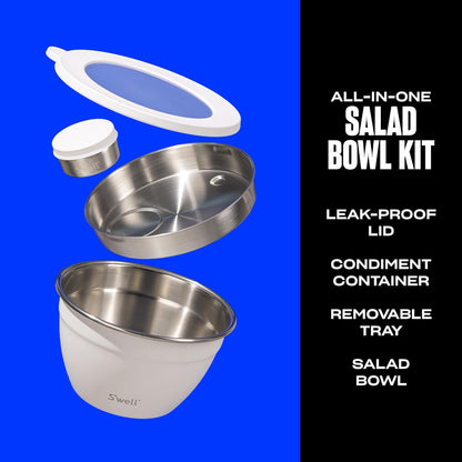 S'well Stainless Steel Salad Bowl Kit 64oz, Peacock Blue, Comes with 2oz Mini Canister and Removable Tray for Organization, Leakproof, Easy to Clean, Dishwasher Safe