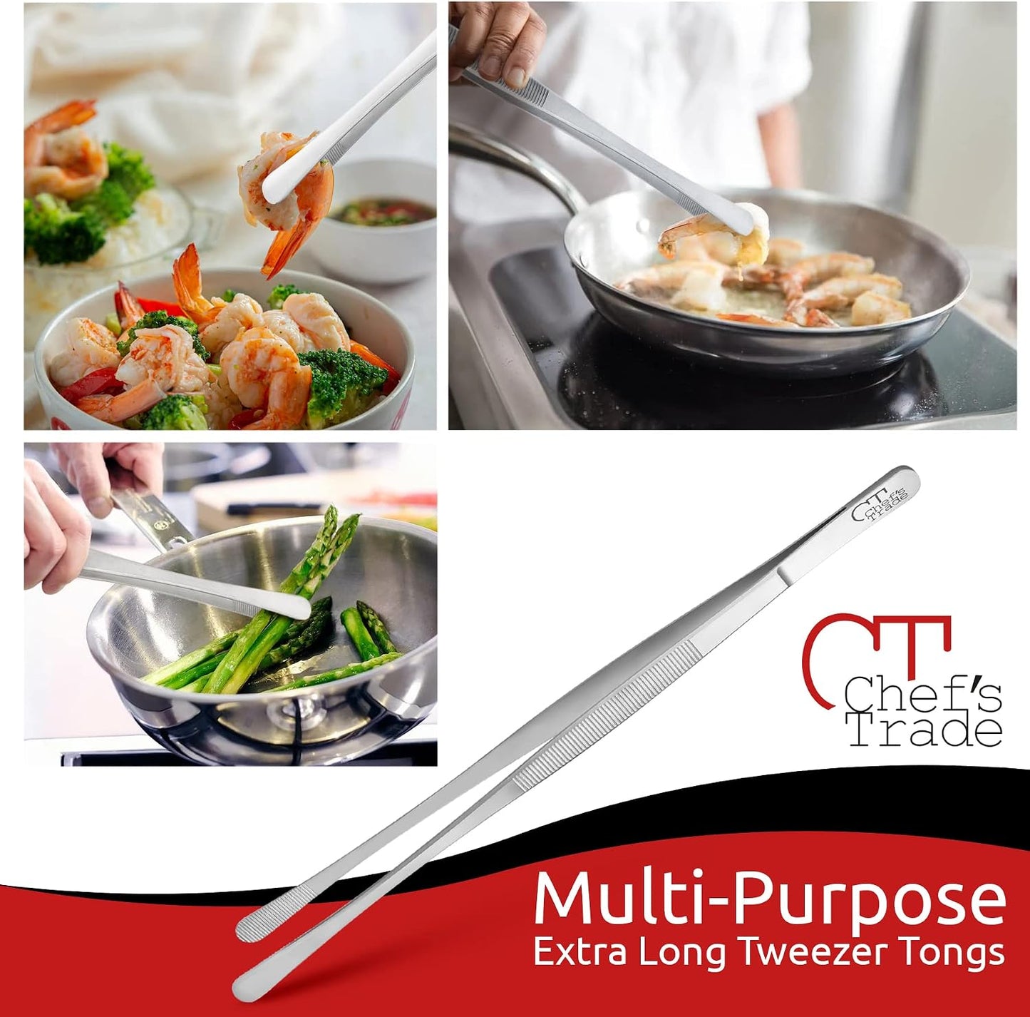 Chef's Trade Professional Kitchen & Cooking Tweezers/Tongs 12" Stainless Steel Multi-Use
