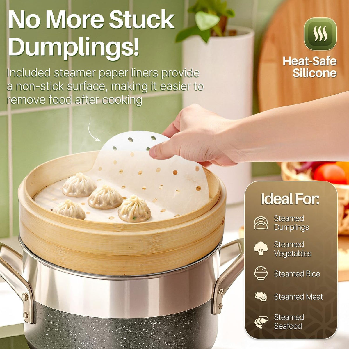 Flexzion Bamboo Steamer Basket Set (8 inch), 50 x Steamer Liners and 2 Pairs of Chopsticks, Steam Baskets for DimSum Dumplings, Rice, Vegetables, Fish and Meat
