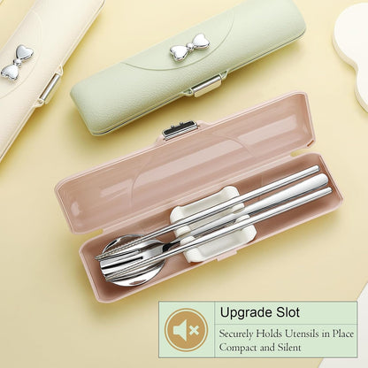 DEVICO Travel Silverware Set with Case, Portable Lunch Utensils Set for Work, Reusable Travel Cutlery Set, 18/8 Stainless Steel Flatware for Caming School Picnic, Dishwasher Safe (Pink)
