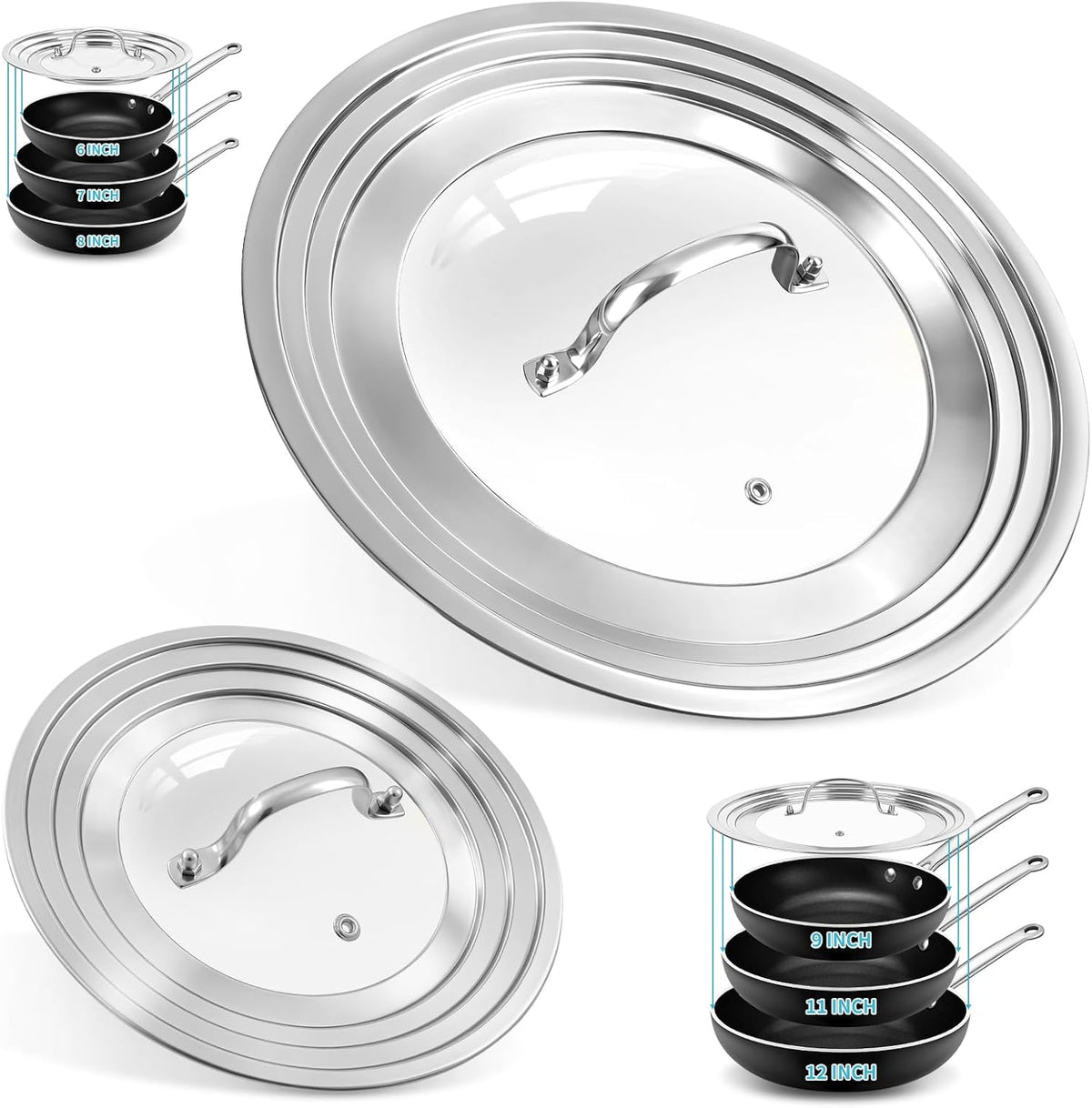 2 Pack Universal Lid for Pot & Pan, Glass Pan Lids Fits 6" -12.5" Cookware