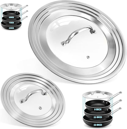 2 Pack Universal Lid for Pot & Pan, Glass Pan Lids Fits 6" -12.5" Cookware