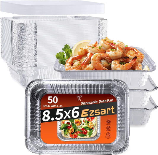 Aluminum Pans with Clear Lids - 50 Pack 2.25LB Capacity Disposable Pans with Plastic Dome Lids, 8.5”x6” Heavy Duty Tin Foil Pans for Cake Baking, Cooking, Heating, Storing, Prepping Food