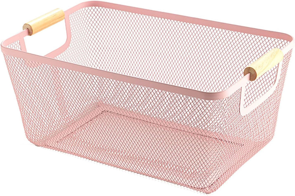 AJIODA Metal Mesh Steel Basket, Large Wire Storage Organizer Basket Multi-function Hanging Kitchen Baskets with Wood Handle for Kitchen Bathroom Picnic Home, Rectangle-Off White