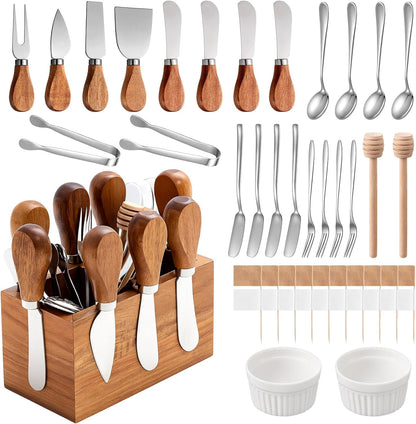Hushee 44 Pcs Charcuterie Boards Accessories with Magnetic Acacia Wood Holder Wooden Cheese Knife Set for Wood Handle Knives for Cheese Knife Slicer with Tongs, Spoons, Forks, Honey Dipper (Style 2)