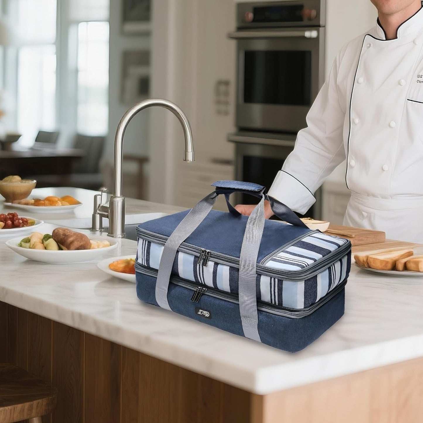 Double Decker Insulated Casserole Carrier, Expandable Thermal Food Warmer Bag Fits 9x13 Dish, Leak-Proof Potluck Lasagna Holder with Utensil Pocket for Picnic Party Cookout (Blue)