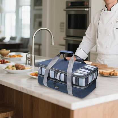 Double Decker Insulated Casserole Carrier, Expandable Thermal Food Warmer Bag Fits 9x13 Dish, Leak-Proof Potluck Lasagna Holder with Utensil Pocket for Picnic Party Cookout (Blue)